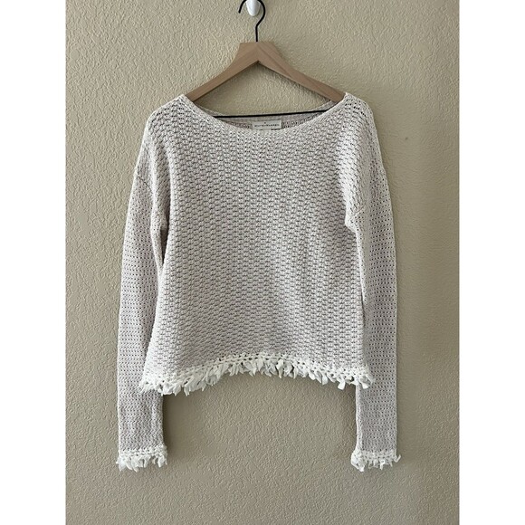 WHITE + WARREN Subtle Stripe Knot Fringe Knit Sweater Minimalist Size M - Picture 1 of 7